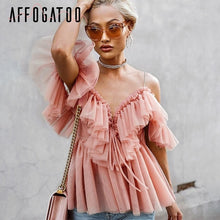 Load image into Gallery viewer, Affogatoo Sexy v neck off shoulder peplum blouse top Women Pleated vintage ruffle mesh blouse shirt Casual summer sleeveless top
