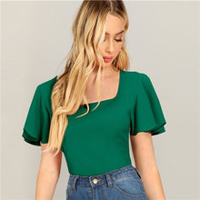 Load image into Gallery viewer, Sheinside Elegant Square Neck Flounce Sleeve Blouse Women 2019 Summer Solid Trim Blouses Ladies Casual Short Sleeve Top