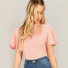 Load image into Gallery viewer, Sheinside Elegant Square Neck Flounce Sleeve Blouse Women 2019 Summer Solid Trim Blouses Ladies Casual Short Sleeve Top