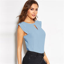Load image into Gallery viewer, Sheinside Solid Cut Out Keyhole Back Elegant Blouse Cap Sleeve Women Tops 2019 Office Ladies OL Workwear Summer Blouses