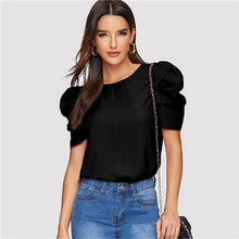 Load image into Gallery viewer, Sheinside Elegant Keyhole Back Puff Sleeve Blouse Solid Top Summer Blouses for Women 2019 Short Sleeve Female Tops