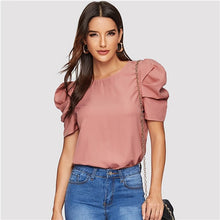 Load image into Gallery viewer, Sheinside Elegant Keyhole Back Puff Sleeve Blouse Solid Top Summer Blouses for Women 2019 Short Sleeve Female Tops