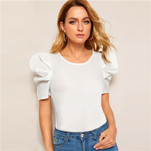 Load image into Gallery viewer, Sheinside Elegant Keyhole Back Puff Sleeve Blouse Solid Top Summer Blouses for Women 2019 Short Sleeve Female Tops