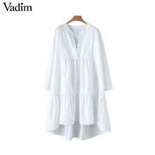 Load image into Gallery viewer, Vadim women white loose dress V neck Pleated irregular long sleeve female casual dresses solid chic straight vestidos QB532