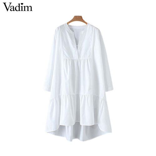 Vadim women white loose dress V neck Pleated irregular long sleeve female casual dresses solid chic straight vestidos QB532