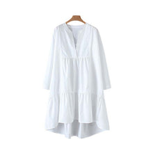 Load image into Gallery viewer, Vadim women white loose dress V neck Pleated irregular long sleeve female casual dresses solid chic straight vestidos QB532