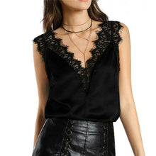 Load image into Gallery viewer, New 2018 Summer Women Loose Fashion Lace Deep V Sleeveless Spliced Cotton V Back Casual Tops Blouse Shirt