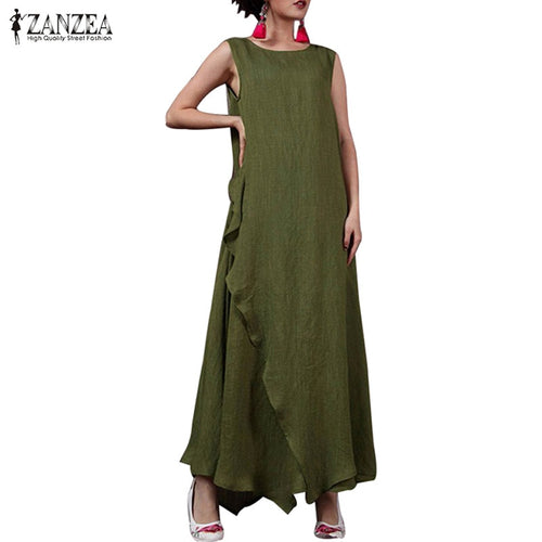2019 Plus Size ZANZEA Summer Sleeveless Long Maxi Dress Women Casual O Neck Ruffled Loose Dresses Fashion Solid Split Sundress