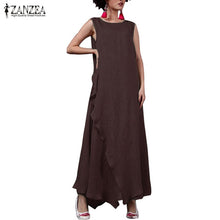 Load image into Gallery viewer, 2019 Plus Size ZANZEA Summer Sleeveless Long Maxi Dress Women Casual O Neck Ruffled Loose Dresses Fashion Solid Split Sundress