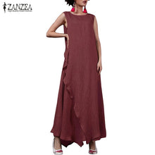 Load image into Gallery viewer, 2019 Plus Size ZANZEA Summer Sleeveless Long Maxi Dress Women Casual O Neck Ruffled Loose Dresses Fashion Solid Split Sundress
