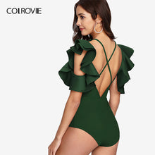 Load image into Gallery viewer, COLROVIE Green Backless Layered Ruffle Cold Shoulder Crisscross Back Summer Sexy Bodysuit Women 2018 Stretchy Skinny Bodysuits