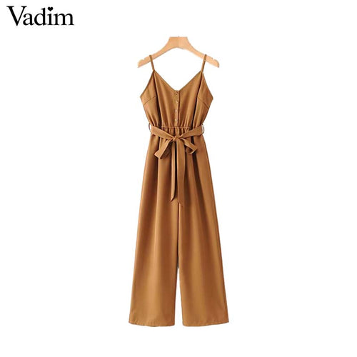 Vadim women V neck jumpsuits elastic waist sashes sleeveless adjustable straps vintage overalls female chic playsuits KA705