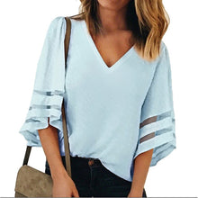Load image into Gallery viewer, Gentillove 2019 Women V Neck Flared Sleeves Blouse Female Shirt Casual Loose Mesh Patchwork Shirts Plus Size Tops Femme blusas
