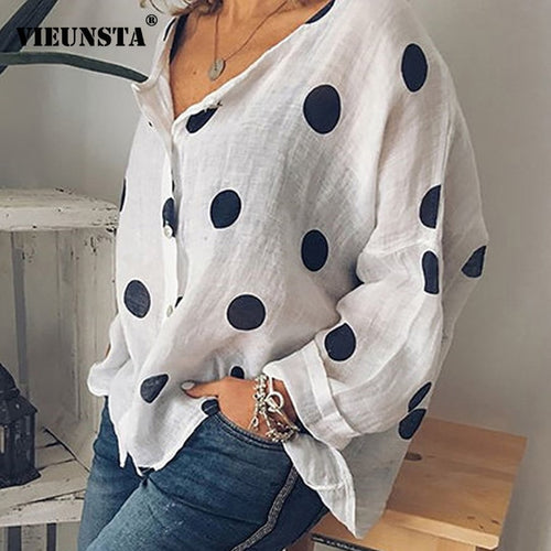 VIEUNSTA 2019 Polka Dots Print Women Casual Blouse Shirt Long Sleeve Buttons Loose Womens Blouses And Tops Plus Size Basic Blusa
