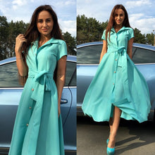 Load image into Gallery viewer, 2019 Women Elegant Summer Dress Short Sleeve Turn Down Collar OL Maxi Dresses Hight Street Slim Waist Long Summer Dress Vestido