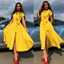 Load image into Gallery viewer, 2019 Women Elegant Summer Dress Short Sleeve Turn Down Collar OL Maxi Dresses Hight Street Slim Waist Long Summer Dress Vestido