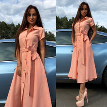 Load image into Gallery viewer, 2019 Women Elegant Summer Dress Short Sleeve Turn Down Collar OL Maxi Dresses Hight Street Slim Waist Long Summer Dress Vestido