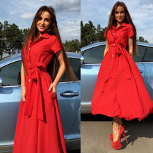 Load image into Gallery viewer, 2019 Women Elegant Summer Dress Short Sleeve Turn Down Collar OL Maxi Dresses Hight Street Slim Waist Long Summer Dress Vestido
