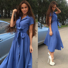 Load image into Gallery viewer, 2019 Women Elegant Summer Dress Short Sleeve Turn Down Collar OL Maxi Dresses Hight Street Slim Waist Long Summer Dress Vestido