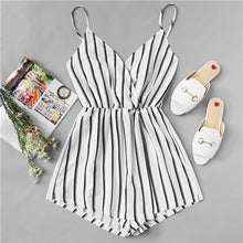 Load image into Gallery viewer, COLROVIE Wrap Casual Vertical Striped Romper Summer V Neck Playsuit Mid Waist Women Rompers Strap Beach Short Jumpsuit