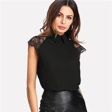 Load image into Gallery viewer, Sheinside Green Elegant Blouse Contrast Lace Top Office Ladies Workwear Turn Down Collar Sleeveless 2019 Summer Tops and Blouses