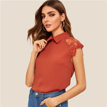 Load image into Gallery viewer, Sheinside Green Elegant Blouse Contrast Lace Top Office Ladies Workwear Turn Down Collar Sleeveless 2019 Summer Tops and Blouses