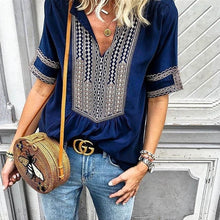 Load image into Gallery viewer, Lipswag 5XL Women V-Neck Print patchwork Blouse Elegant Three Quarter Sleeve Blouses Shirt Summer beach Blusa Tops plus Size