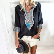 Load image into Gallery viewer, Lipswag 5XL Women V-Neck Print patchwork Blouse Elegant Three Quarter Sleeve Blouses Shirt Summer beach Blusa Tops plus Size