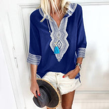 Load image into Gallery viewer, Lipswag 5XL Women V-Neck Print patchwork Blouse Elegant Three Quarter Sleeve Blouses Shirt Summer beach Blusa Tops plus Size