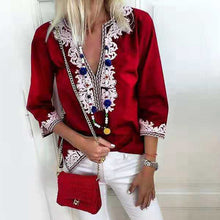 Load image into Gallery viewer, Lipswag 5XL Women V-Neck Print patchwork Blouse Elegant Three Quarter Sleeve Blouses Shirt Summer beach Blusa Tops plus Size