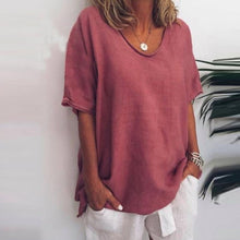 Load image into Gallery viewer, Lipswag 5XL Women Loose Solid linen Blouse Casual O-Neck Short Sleeve Blouses Shirt Summer Pockets Femme Blusa Tops Plus Size