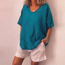 Load image into Gallery viewer, Lipswag 5XL Women Loose Solid linen Blouse Casual O-Neck Short Sleeve Blouses Shirt Summer Pockets Femme Blusa Tops Plus Size