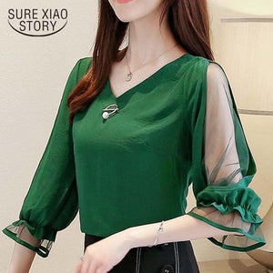 Womens tops and blouses 2019 chiffon blouse ladies tops Beading Solid V-Neck korean fashion clothing red and green shirt 3185 50
