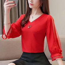 Load image into Gallery viewer, Womens tops and blouses 2019 chiffon blouse ladies tops Beading Solid V-Neck korean fashion clothing red and green shirt 3185 50