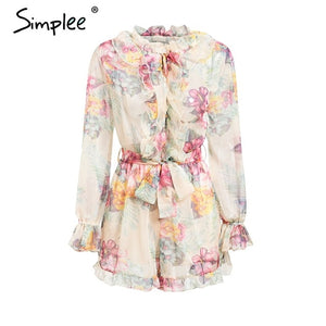 Simplee Sexy floral print ruffled women jumpsuit Elegant long sleeve female jumpsuit romper Summer party playsuit lady overalls