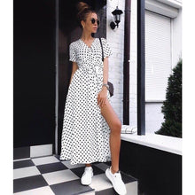 Load image into Gallery viewer, Women Boho Polka Dot Summer Beach Long Dress Evening Party V-Neck High Waist Split A Line Maxi Dress Vintage Chic Femme Vestido