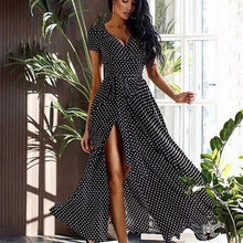 Load image into Gallery viewer, Women Boho Polka Dot Summer Beach Long Dress Evening Party V-Neck High Waist Split A Line Maxi Dress Vintage Chic Femme Vestido