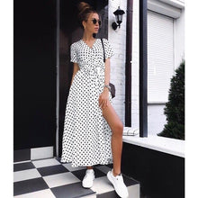 Load image into Gallery viewer, Women Boho Polka Dot Summer Beach Long Dress Evening Party V-Neck High Waist Split A Line Maxi Dress Vintage Chic Femme Vestido