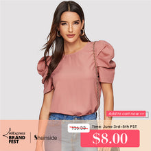 Load image into Gallery viewer, Sheinside Elegant Keyhole Back Puff Sleeve Blouse Solid Top Summer Blouses for Women 2019 Short Sleeve Female Tops