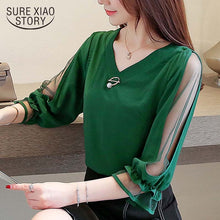Load image into Gallery viewer, Womens tops and blouses 2019 chiffon blouse ladies tops Beading Solid V-Neck korean fashion clothing red and green shirt 3185 50
