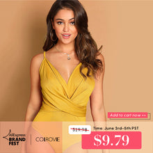 Load image into Gallery viewer, COLROVIE Yellow Solid Plunging Neck Criss Cross Wrap Cami Skinny Sexy Bodysuit Women 2019 Summer Sleeveless Party Bodysuits