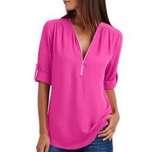 Load image into Gallery viewer, Women Summer Chiffon Shirts V Neck Pullover Zipper Loose Long Sleeves Casual Tops QL Sale