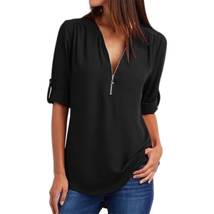 Women Summer Chiffon Shirts V Neck Pullover Zipper Loose Long Sleeves Casual Tops QL Sale