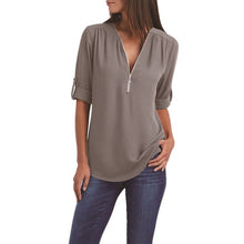 Load image into Gallery viewer, Women Summer Chiffon Shirts V Neck Pullover Zipper Loose Long Sleeves Casual Tops QL Sale