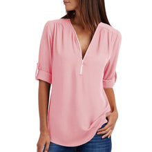 Load image into Gallery viewer, Women Summer Chiffon Shirts V Neck Pullover Zipper Loose Long Sleeves Casual Tops QL Sale