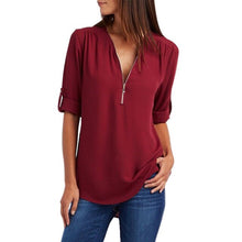 Load image into Gallery viewer, Women Summer Chiffon Shirts V Neck Pullover Zipper Loose Long Sleeves Casual Tops QL Sale