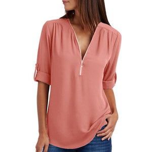 Women Summer Chiffon Shirts V Neck Pullover Zipper Loose Long Sleeves Casual Tops QL Sale