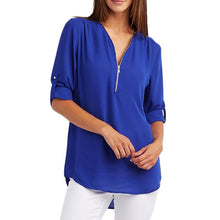 Load image into Gallery viewer, Women Summer Chiffon Shirts V Neck Pullover Zipper Loose Long Sleeves Casual Tops QL Sale